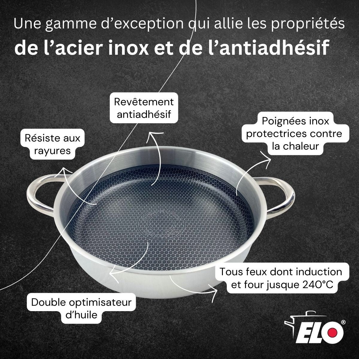 Sautoir 28 cm en inox 18/10 avec couvercle RELIEF EVOLUTION inox, ELO