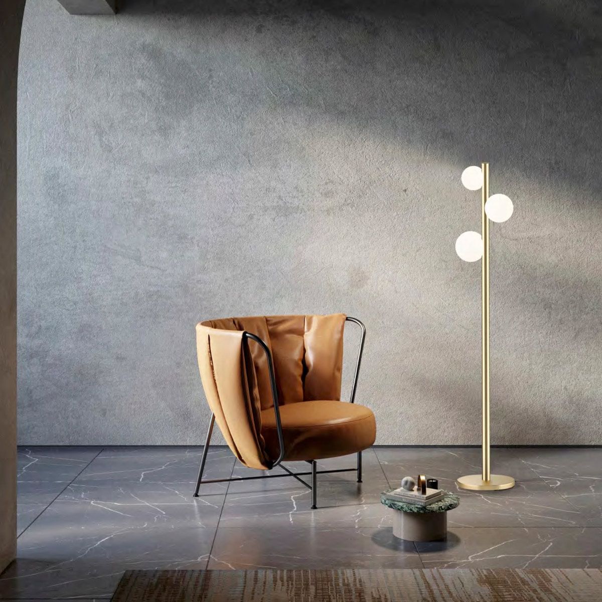 Lampadaire, métal et verre opalin, ANTARES laiton, ALTASSINA