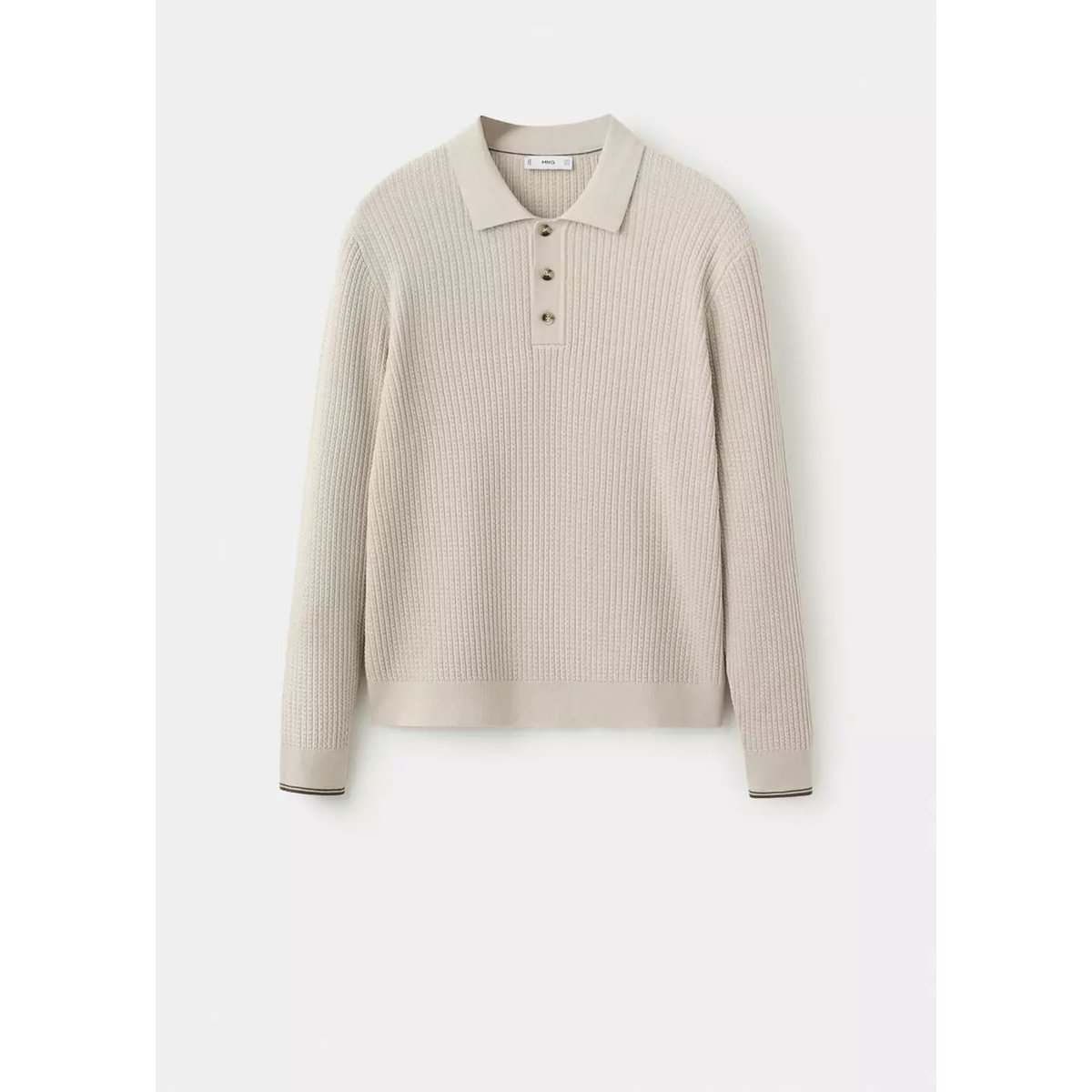 Pull polo coton mélangé maille tressée sable, MANGO MAN