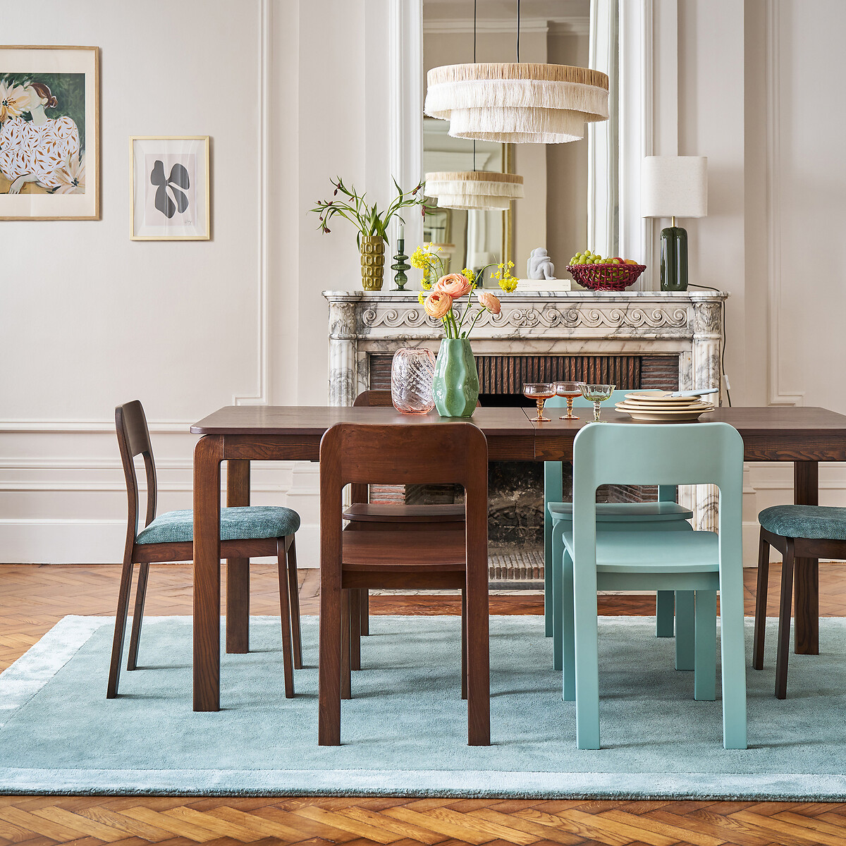 Set van 2 massief olm gestoffeerde stoelen Talet getint notenhout/blauw, LA REDOUTE INTERIEURS