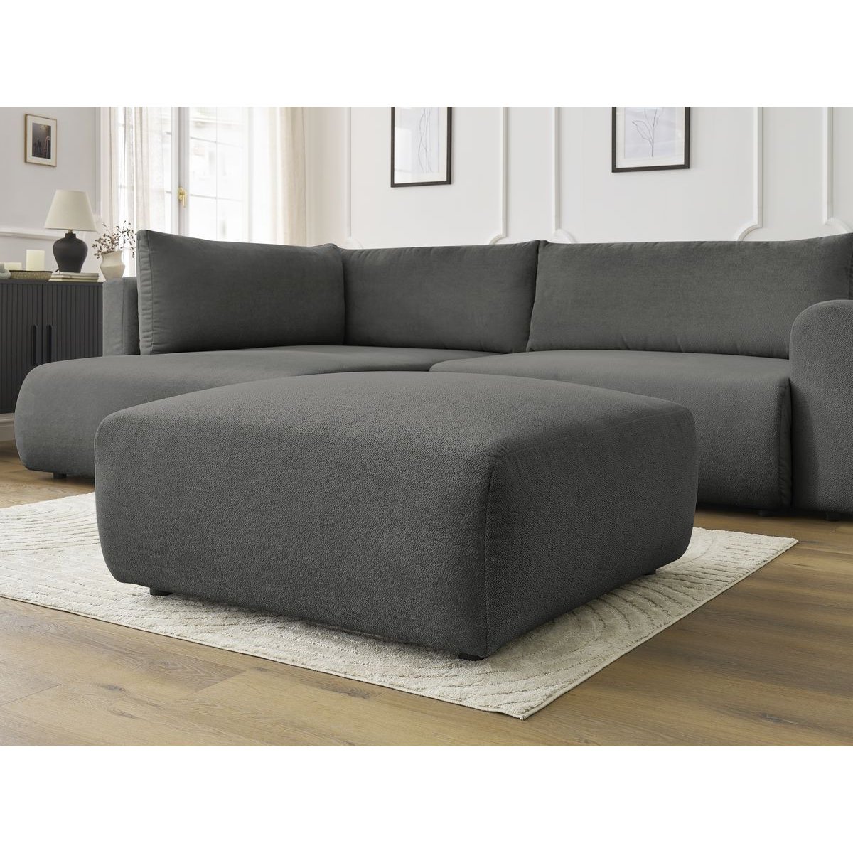 Canapé d'angle convertible 4 places en tissu lisse avec pouf, LUCIEN gris foncé, BOBOCHIC