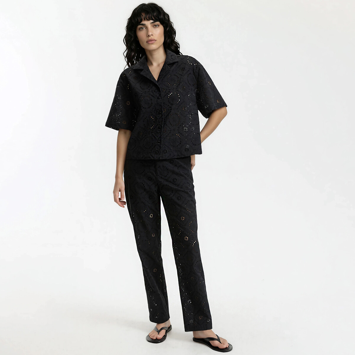 Chemise manches courtes en broderie anglaise noir, LA REDOUTE COLLECTIONS