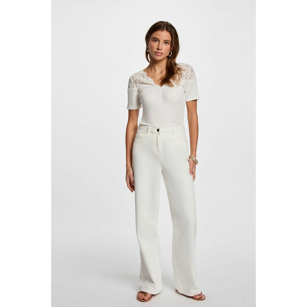V-Neck T-Shirt with Short Sleeves white, MORGAN