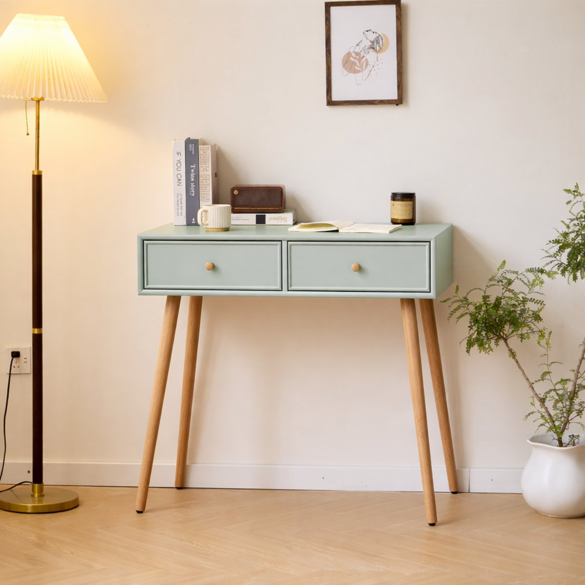 Console 2 tiroirs, bois, NISHIO vert menthe, NORDLYS