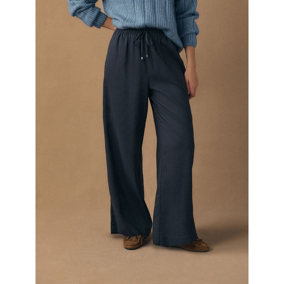 Pantalon large à enfiler en lin mélangé bleu marine, NEXT