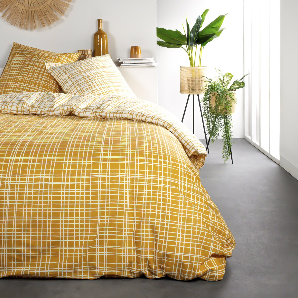 Parure de lit coton 2 personnes imprimé rayures SUNSHINE jaune, TODAY