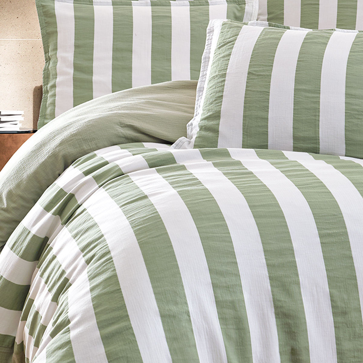 Parure housse de couette gaze de coton + 2 taies 65x65 cm ARTHUR LOFT sauge, SENSEI MAISON
