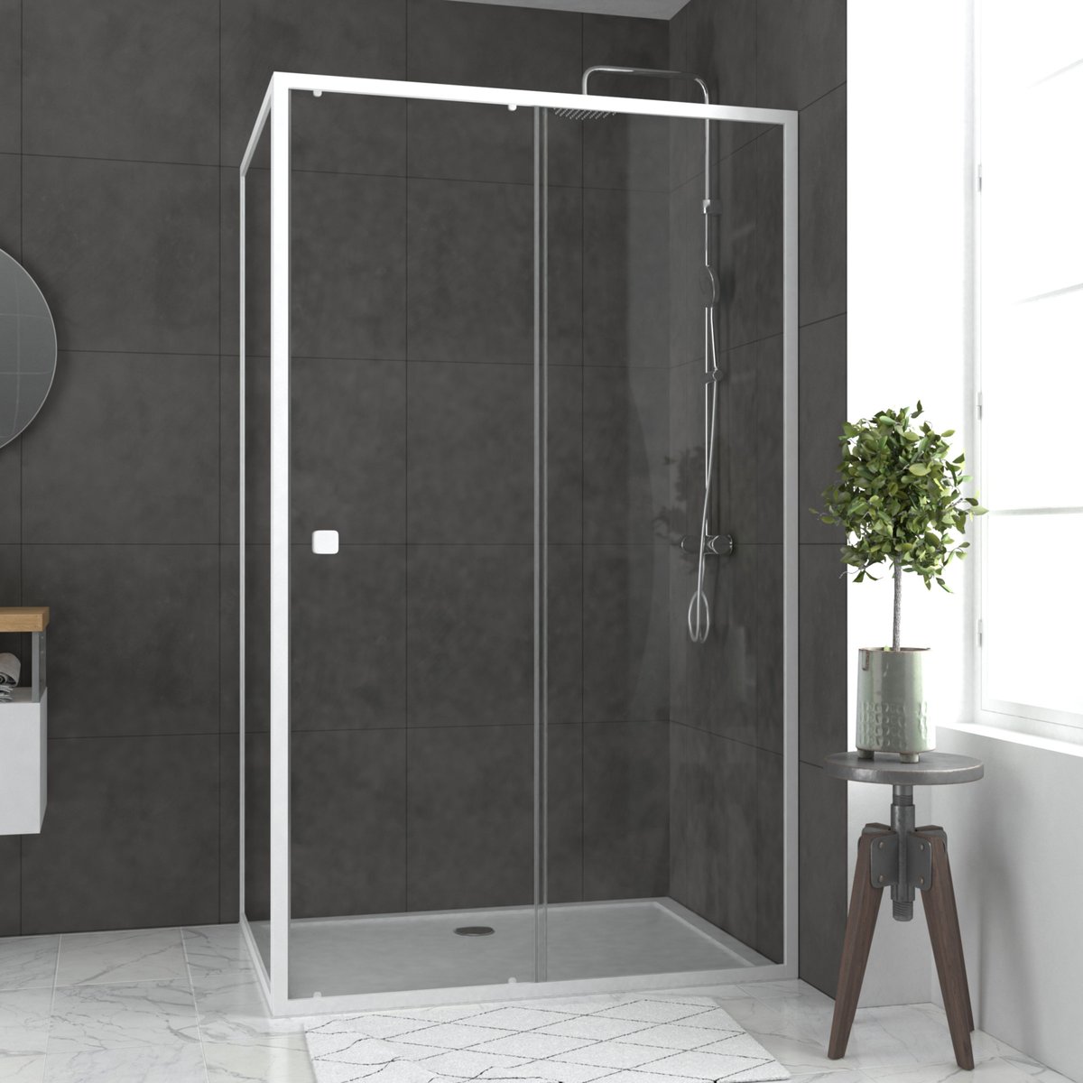 Porte de douche coulissante en verre trempé avec paroi de retour blanc, HOME MAISON