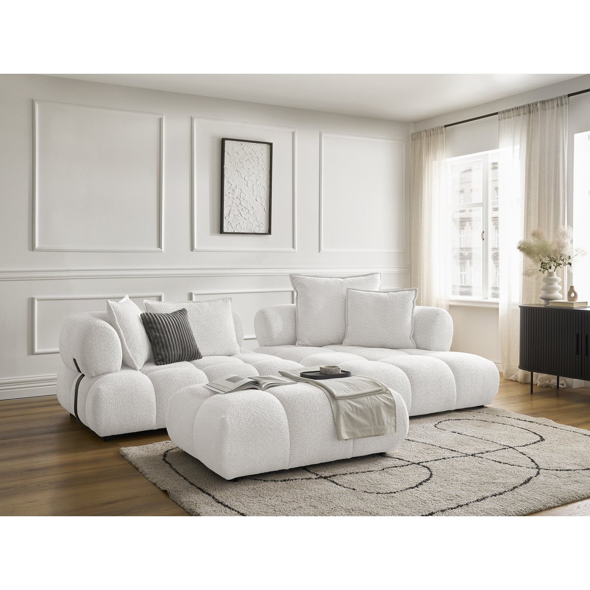 Canapé d'angle fixe 4 places en tissu bouclette avec pouf, ALYA blanc, BOBOCHIC