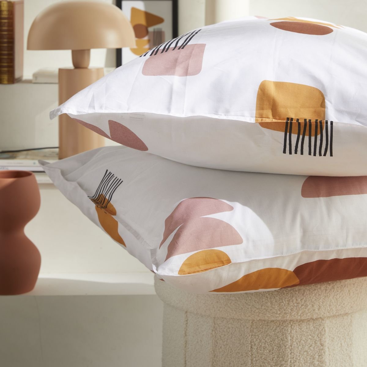 Parure de lit imprimé graphique coton RETRO MOOD blanc, TODAY