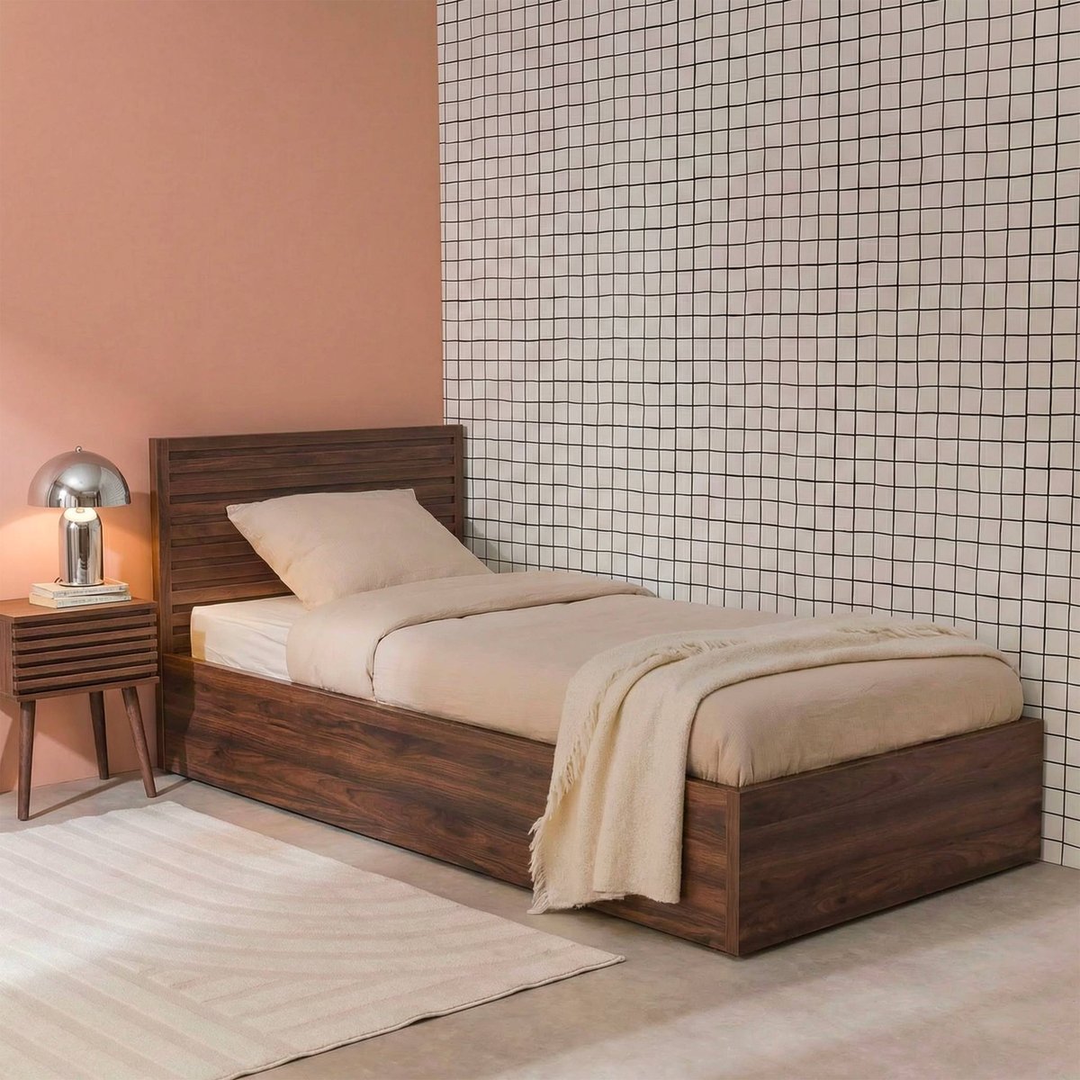 Lit coffre sommier à lattes et tête de lit 90x190cm décor bois MADERE noyer, SWEEEK