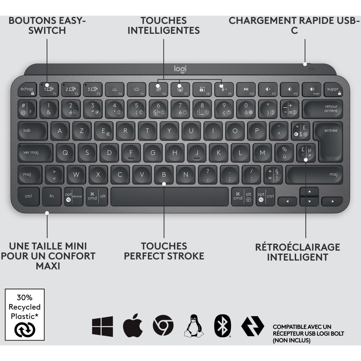 Clavier sans fil MX Keys mini graphite gris, LOGITECH
