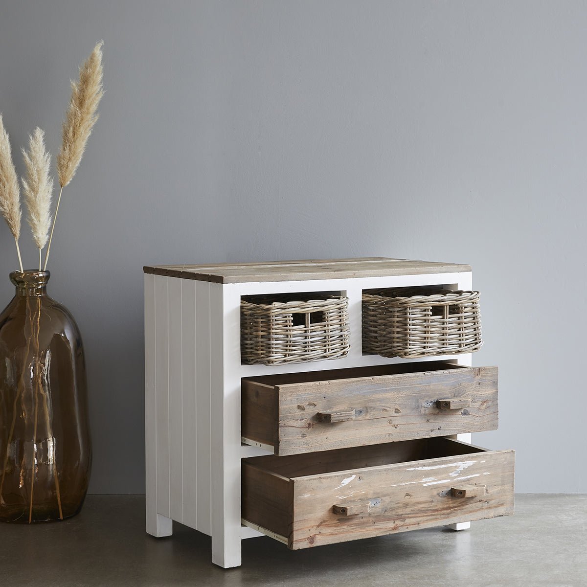 Commode en bois recyclé massif 80 cm 2 tiroirs HONFLEUR blanc, BERAH GETAH