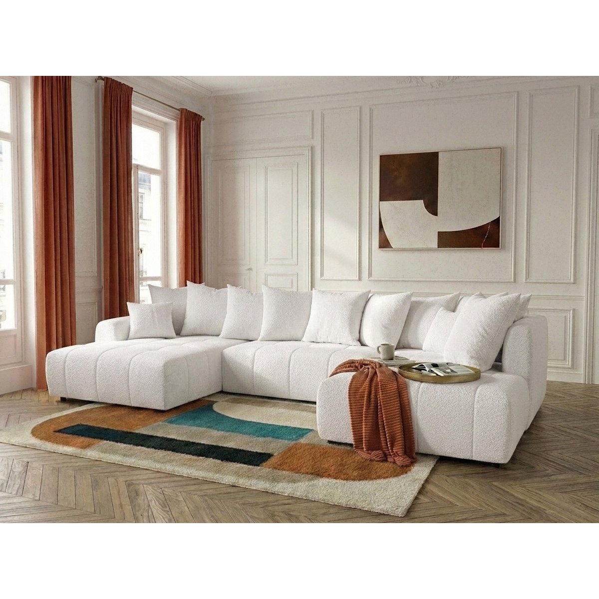 Canapé panoramique convertible 6 places en tissu bouclette, ROXELANE blanc, BOBOCHIC