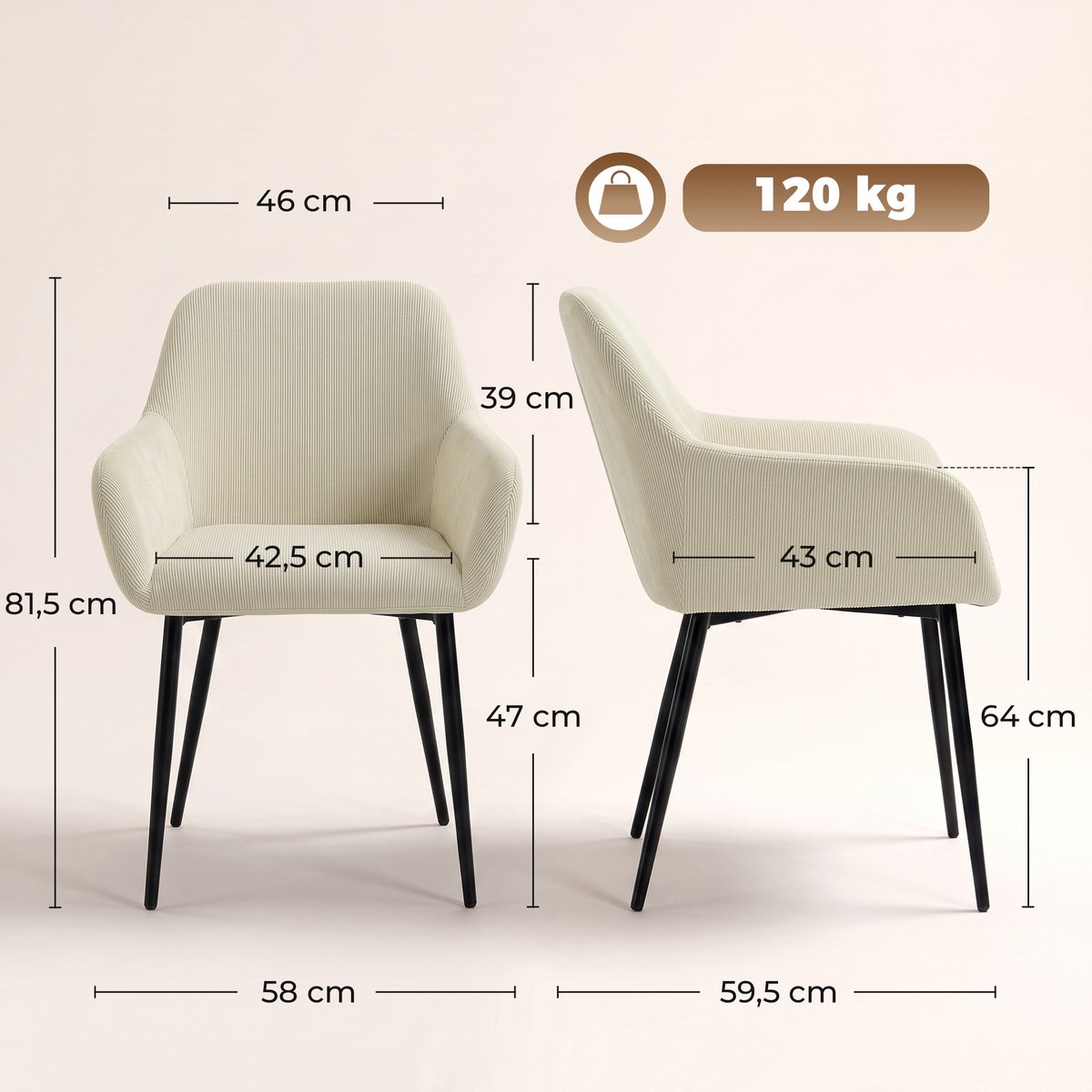 Chaise de salle à manger Velours côtelé (100 crème, noir, HOMCOM