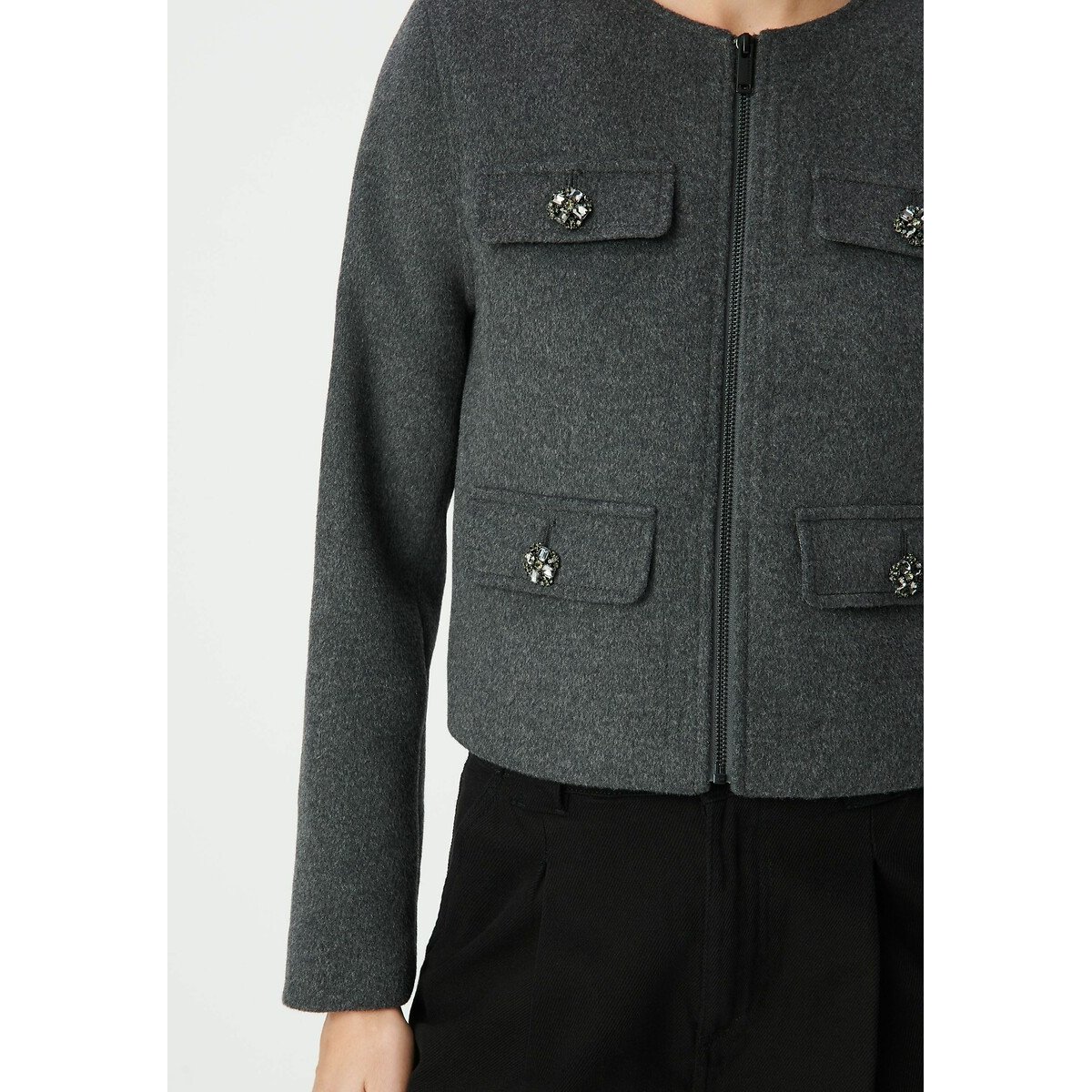Crew Neck Zip-Up Jacket with Pockets and Long Sleeves storm, IKKS
