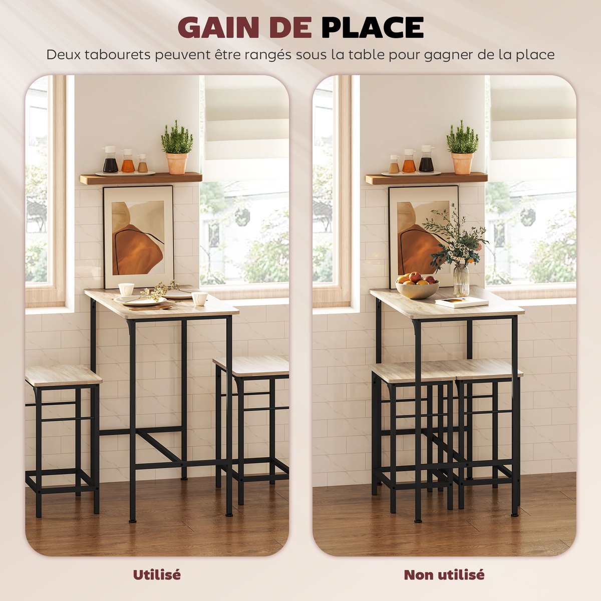 Ensemble de table de bar Panneau de bois naturel, noir, HOMCOM