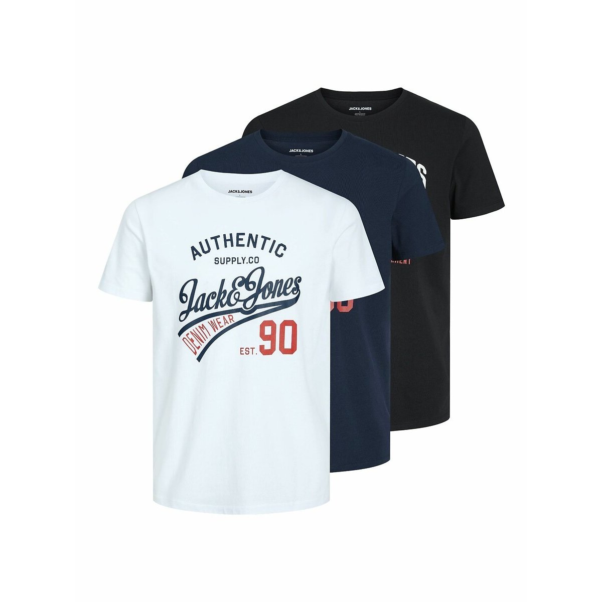 Lote de 3 camisetas negro + blanco + azul marino, JACK & JONES