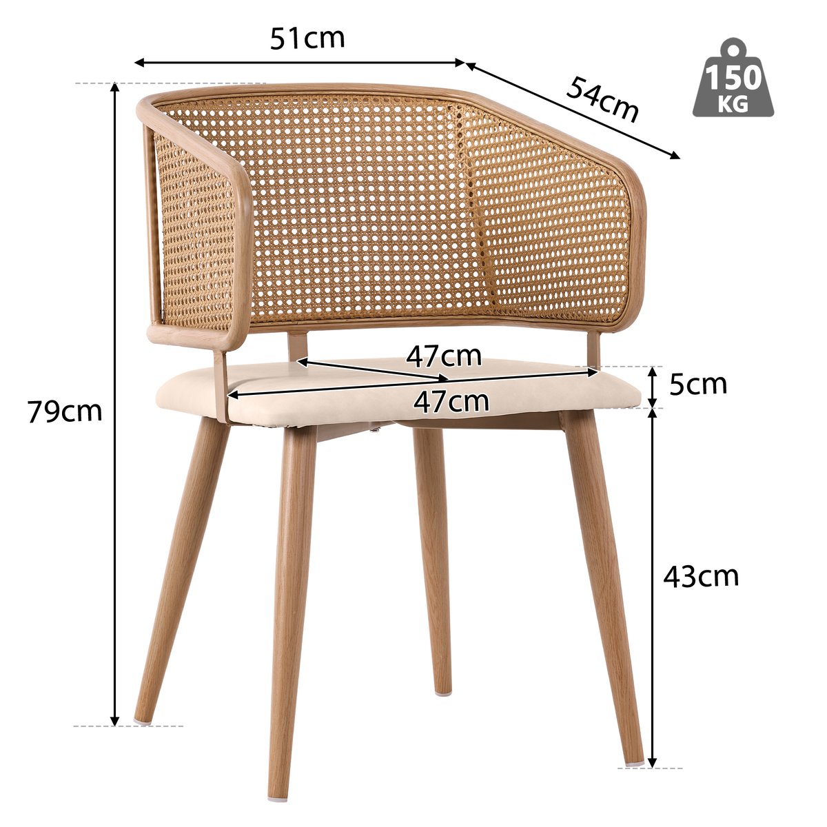Lot de 6 chaises de salle à manger en velours avec dossier en rotin style moderne et confortable, DEWR beige, MEUBLES COSY