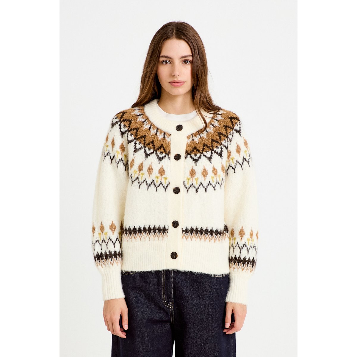 Gilet col rond manches longues ivoire, CACHE CACHE