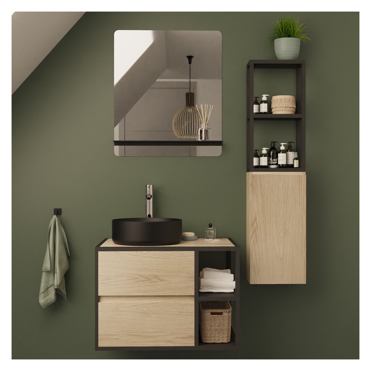 Ensemble meuble simple vasque 70 cm + vasque + miroir + colonne EDISSON chêne - ppm - mat, MOB IN