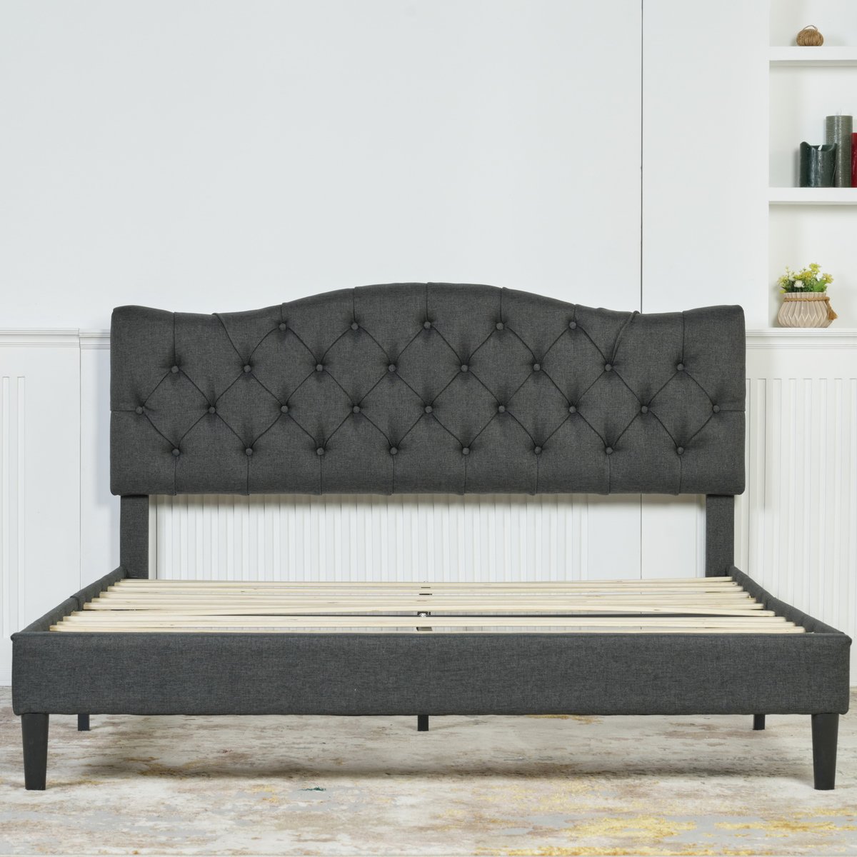 Lit double capitonné sans matelas sans rangement, LEON gris, MEUBLES COSY