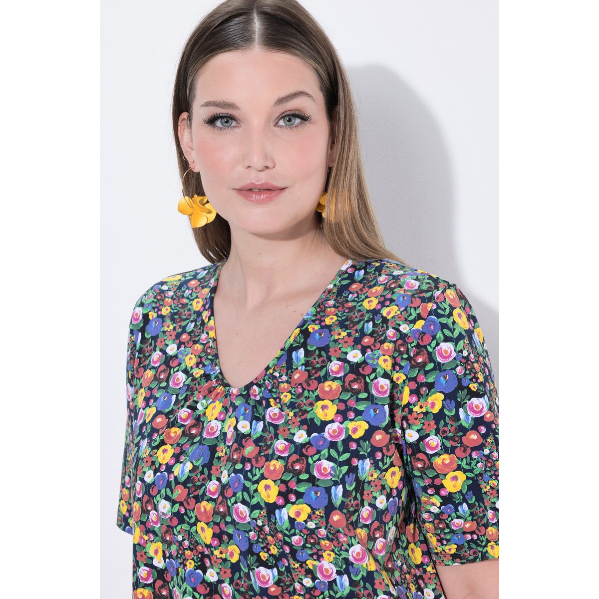 T-shirt motif floral, coupe évasée marine, ULLA POPKEN