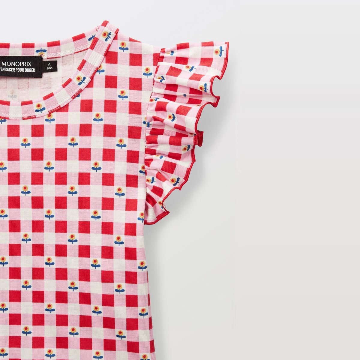 T-shirt manches volantes imprimé en coton rouge, MONOPRIX