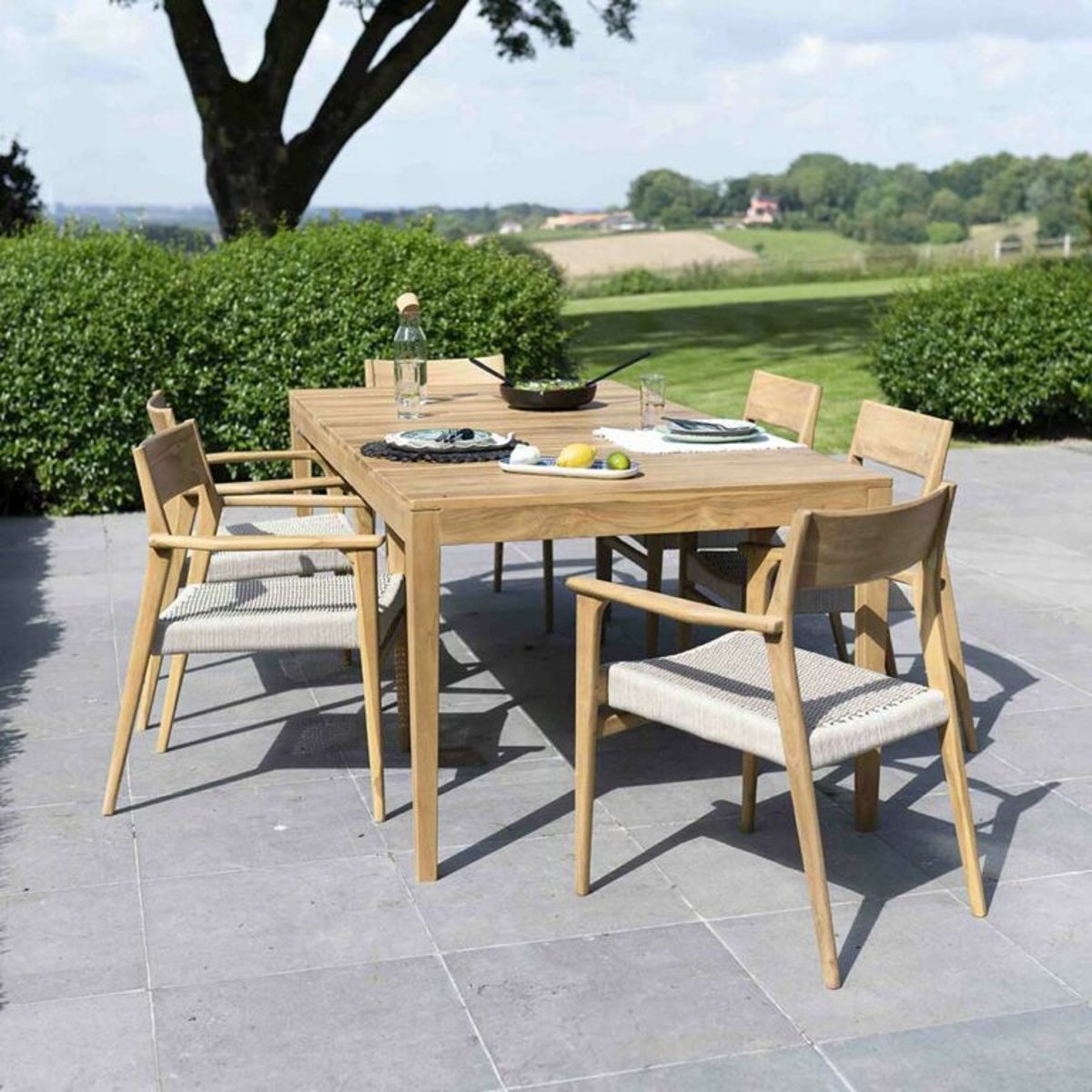 Ensemble teck massif, 8 fauteuils CALVI naturel et cordage beige, WILSA GARDEN