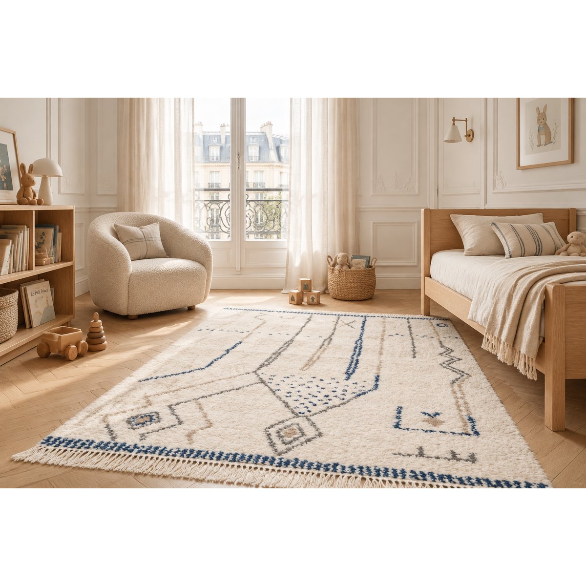 Tapis épais à franges style ethnique GLYPH bleu naturel, AFK LIVING