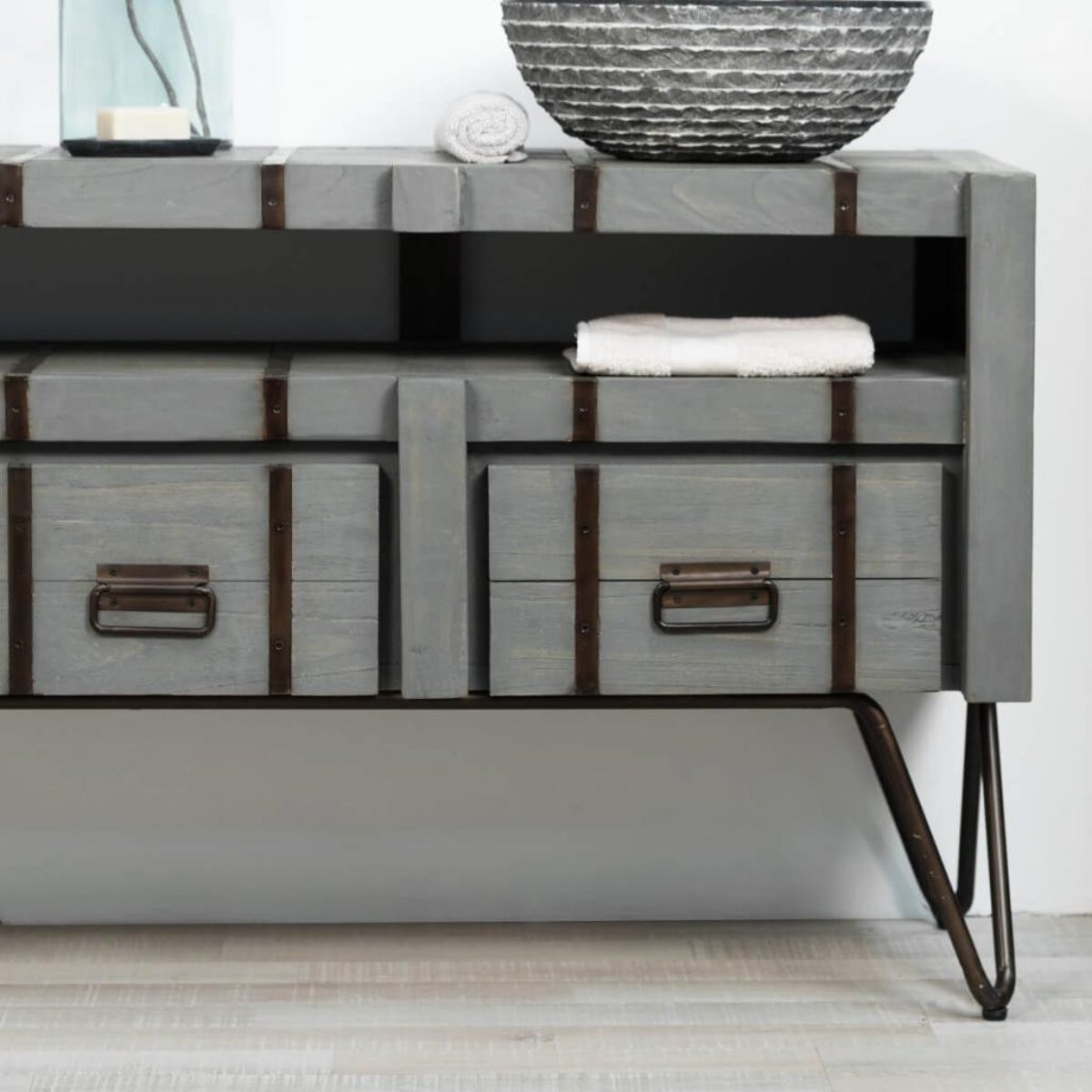 Meuble double de en métal et mindi rectangle 160 cm LOFT gris, WANDA COLLECTION