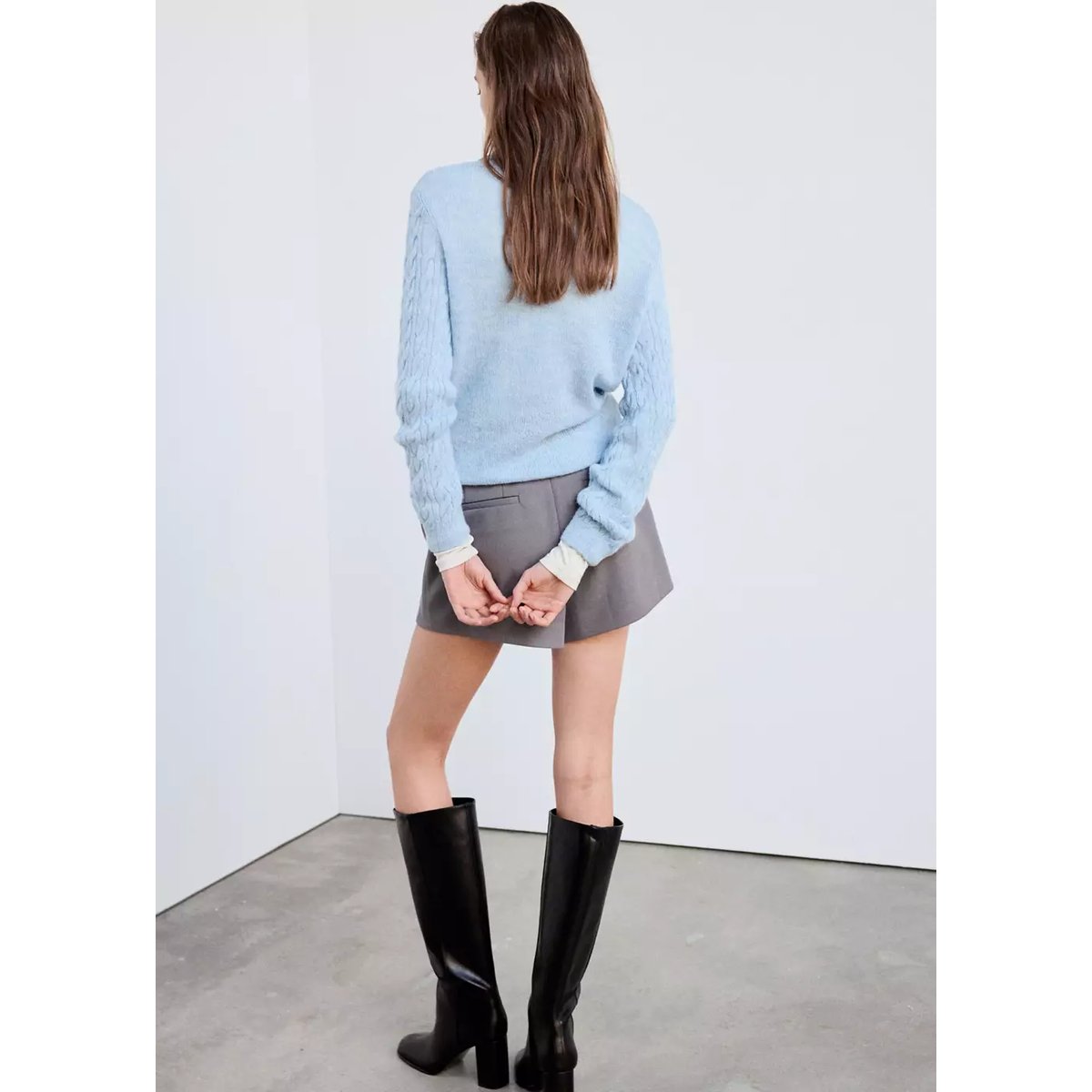 Pull tressé col polo bleu ciel, MANGO