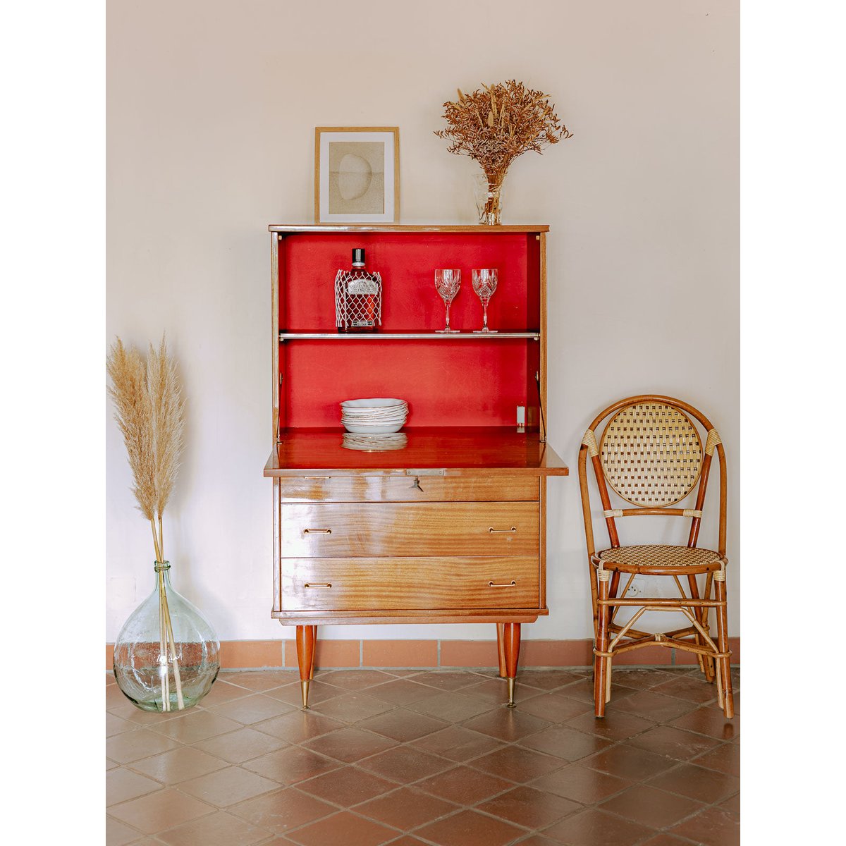 Secrétaire mid-century en bois vernis Honoré N°203 - Bon état bois clair, DEBONGOUT