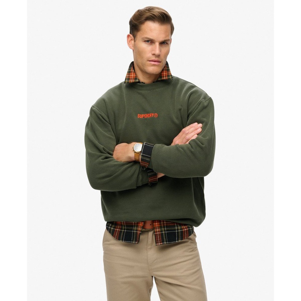Sweatshirt ample à col ras-du-cou Micro Logo Graphic kaki militaire, SUPERDRY