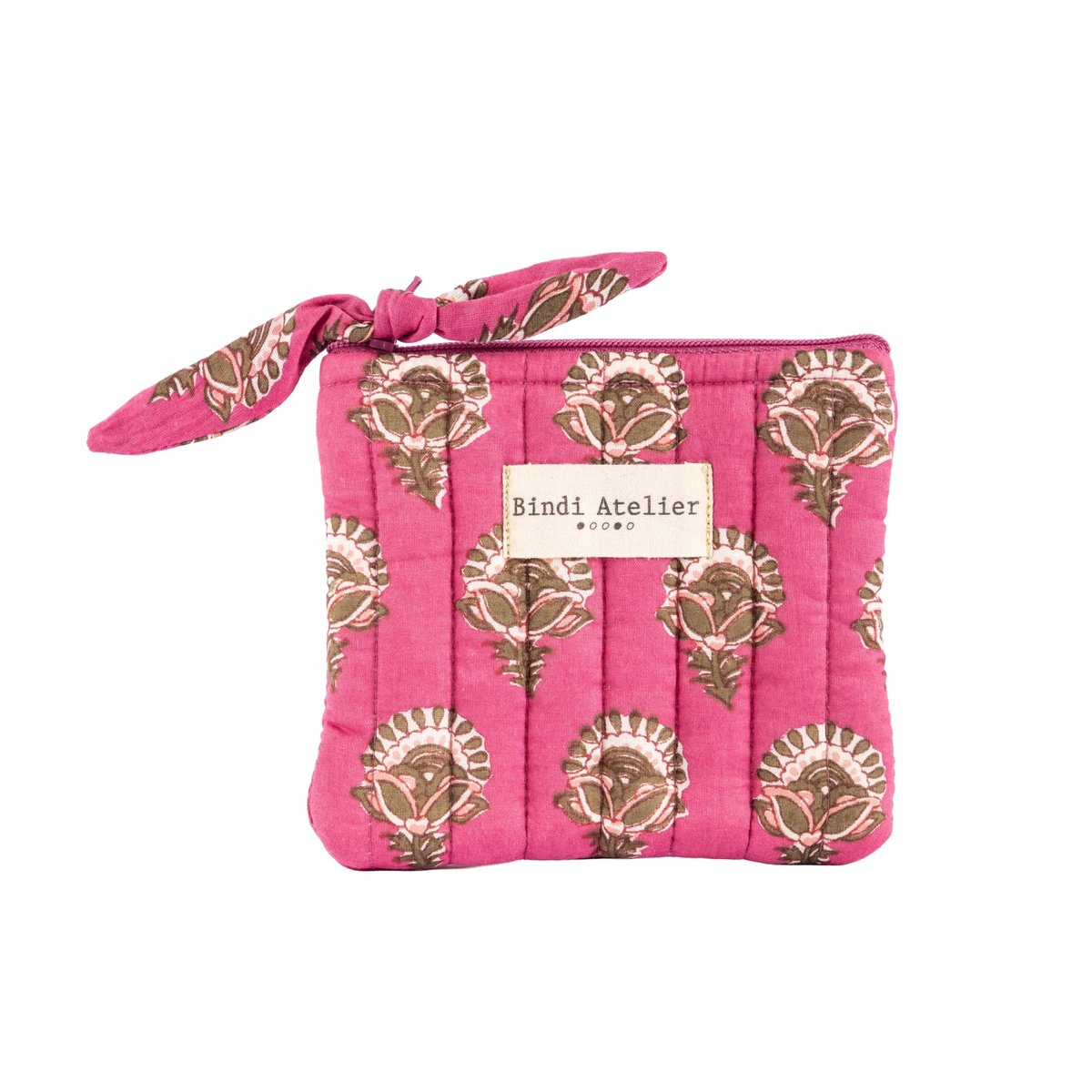Porte-monnaie en coton matelassé imprimé au blockprint rose pink, BINDI ATELIER