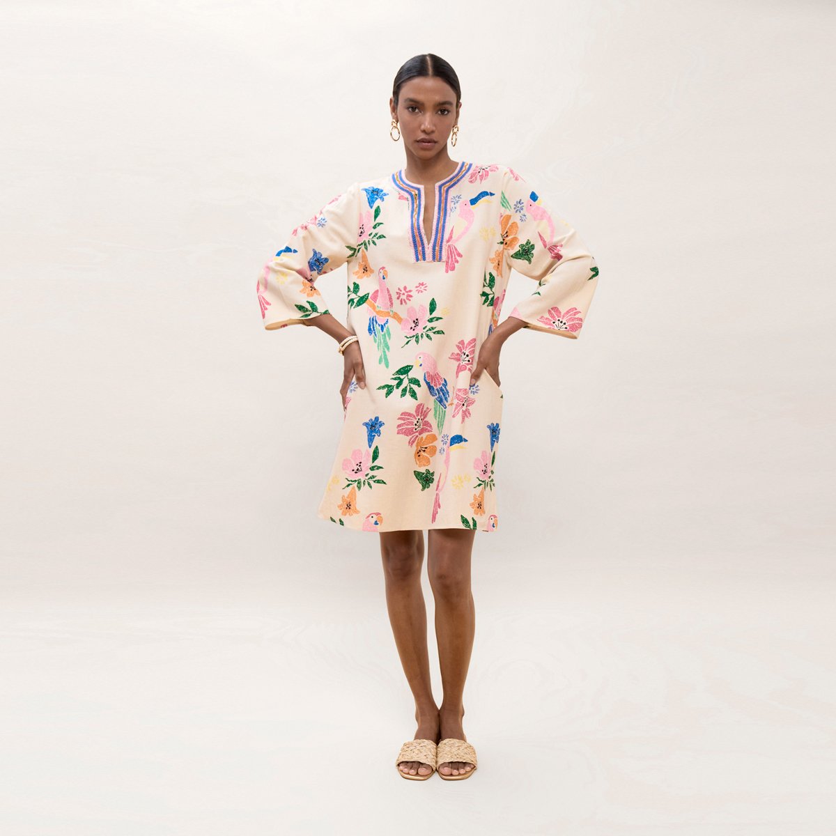 Robe longue en lin mélangé à col halter imprimée ecru, LOLA CASADEMUNT