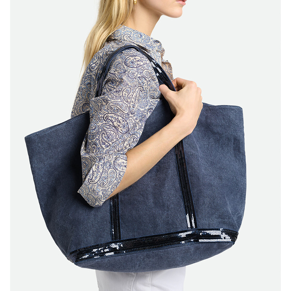 Linen Large Tote Bag with Sequin Trim denim blue , VANESSA BRUNO