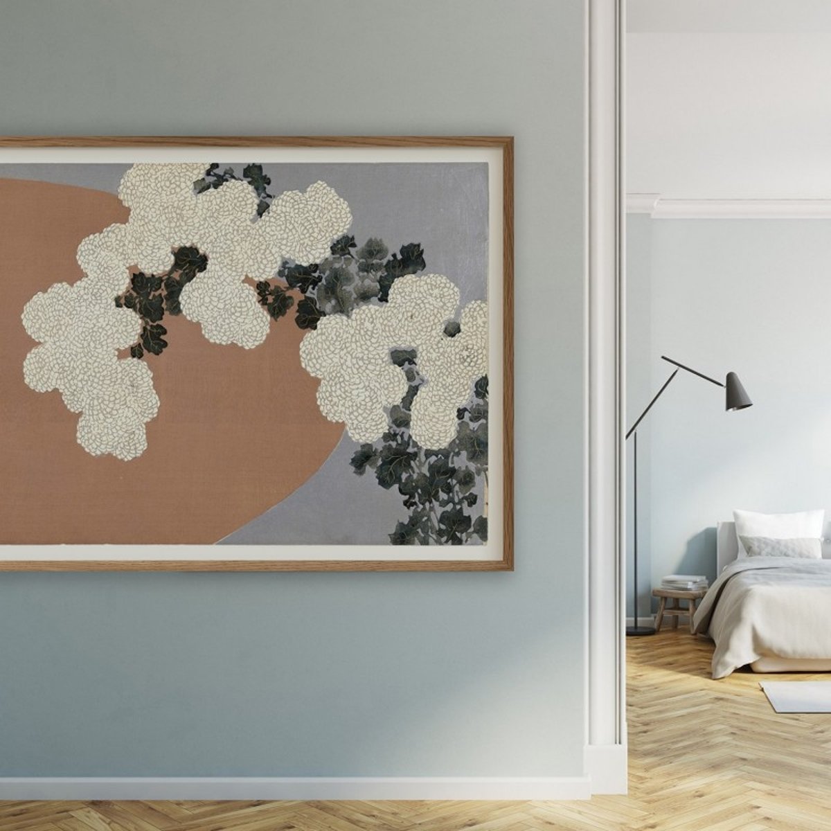 Affiche dessin japonais Ukiyo-E Chrysantemum beige, THE DYBDAHL CO
