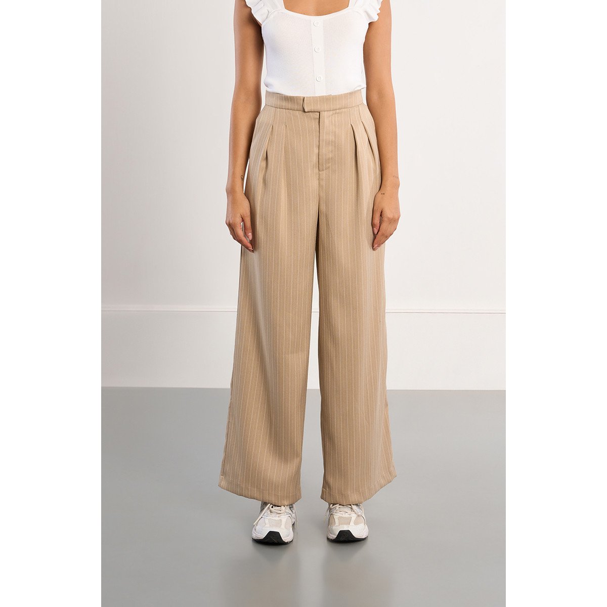 Pantalon tailleur rayé large beige, LILI SIDONIO