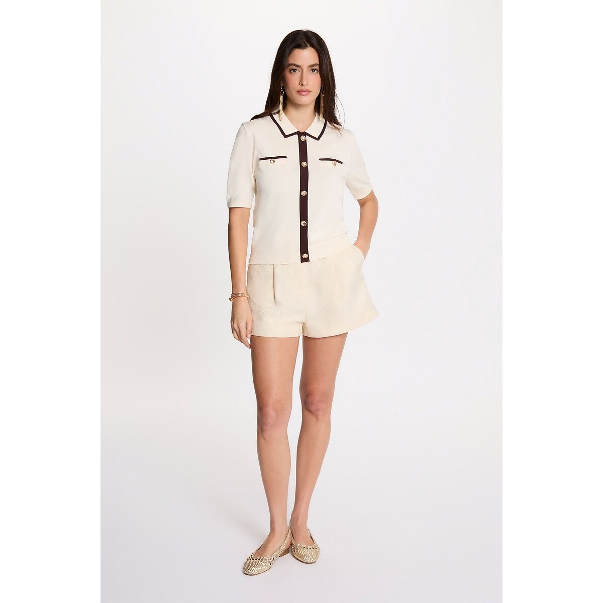 Gilet manches courtes ivoire/chocolat, MORGAN