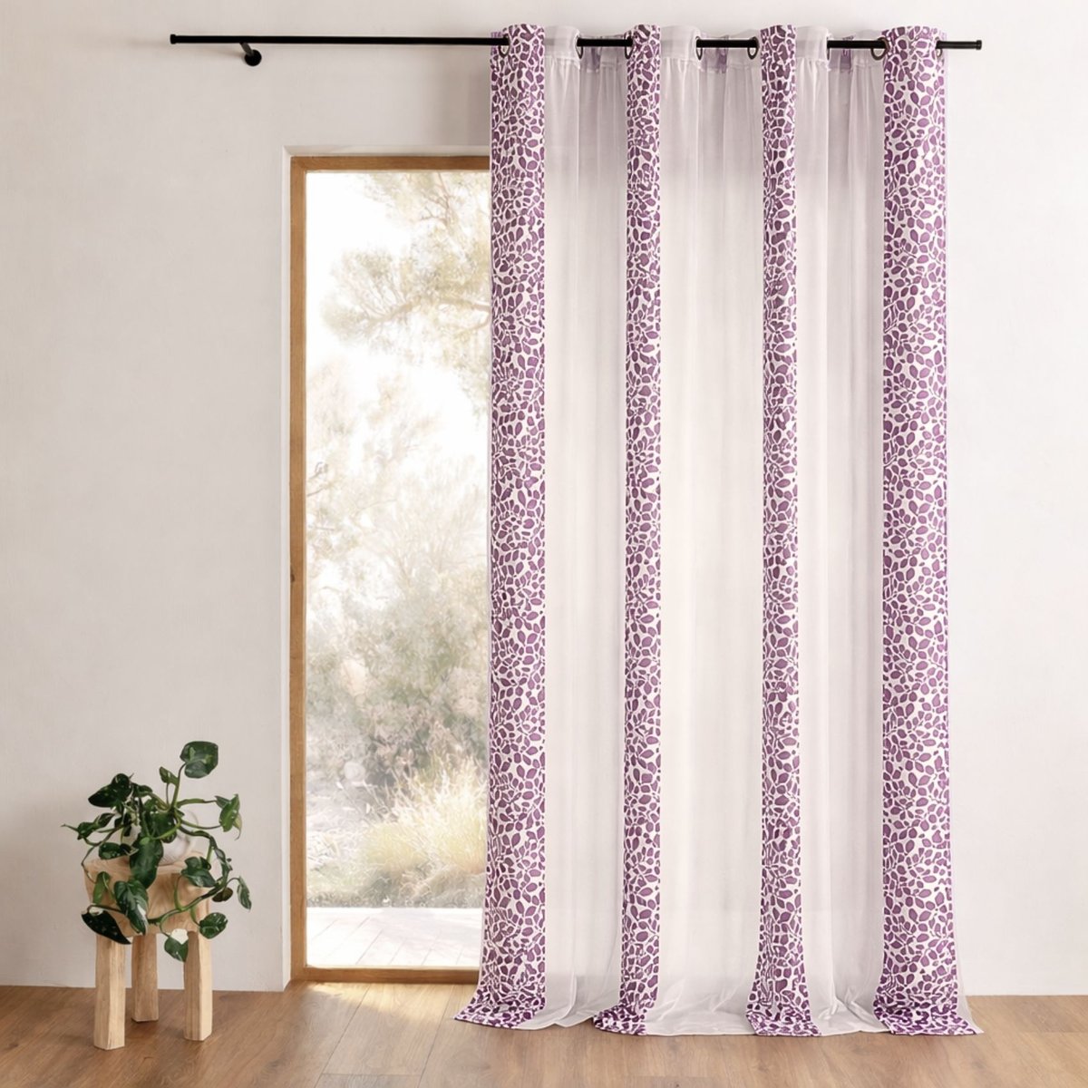 Voilage organza jacquard à motif feuillage prune, HOME MAISON