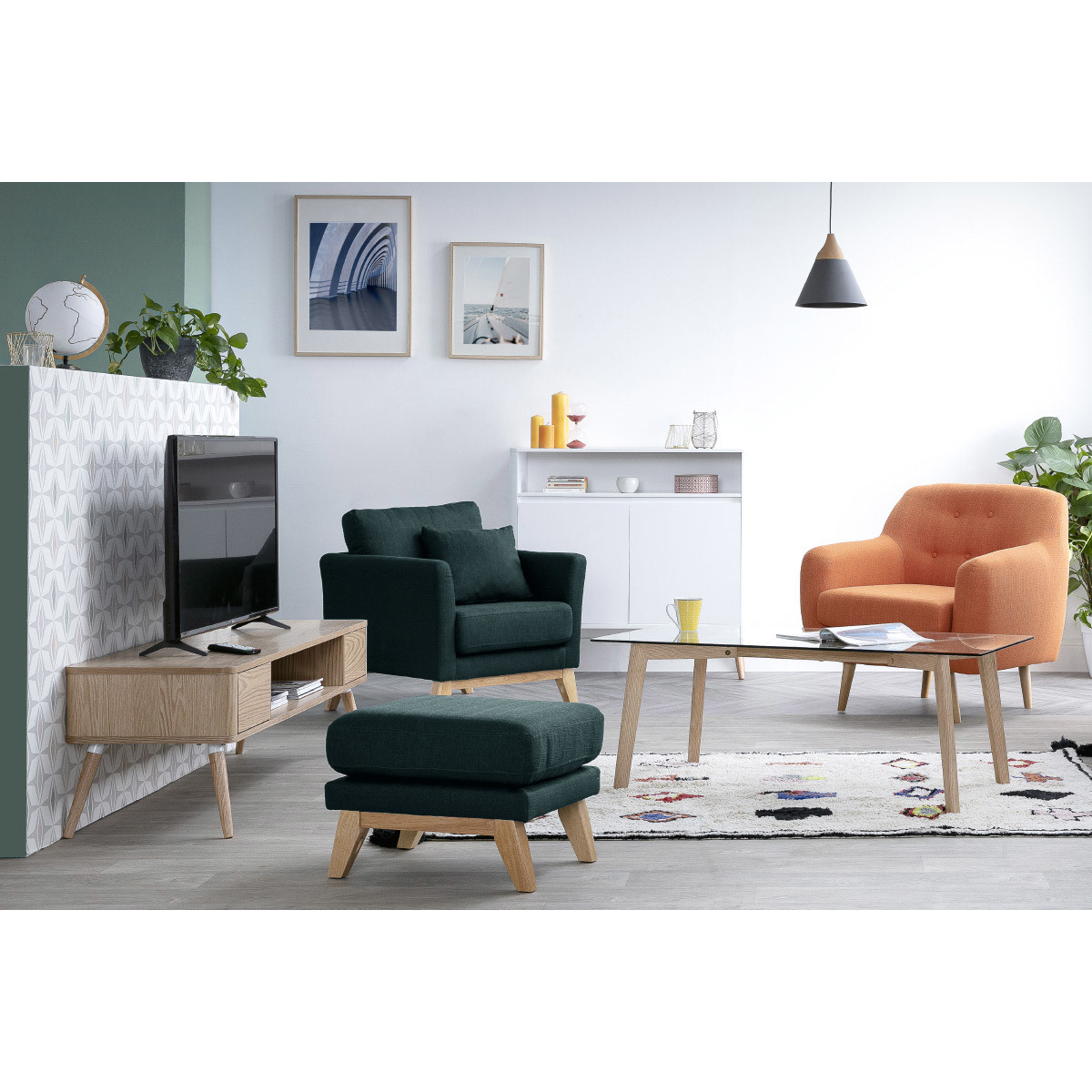 Pouf repose-pieds scandinave en tissu chenille terre brûlée et bois clair OSLO gris foncé, MILIBOO