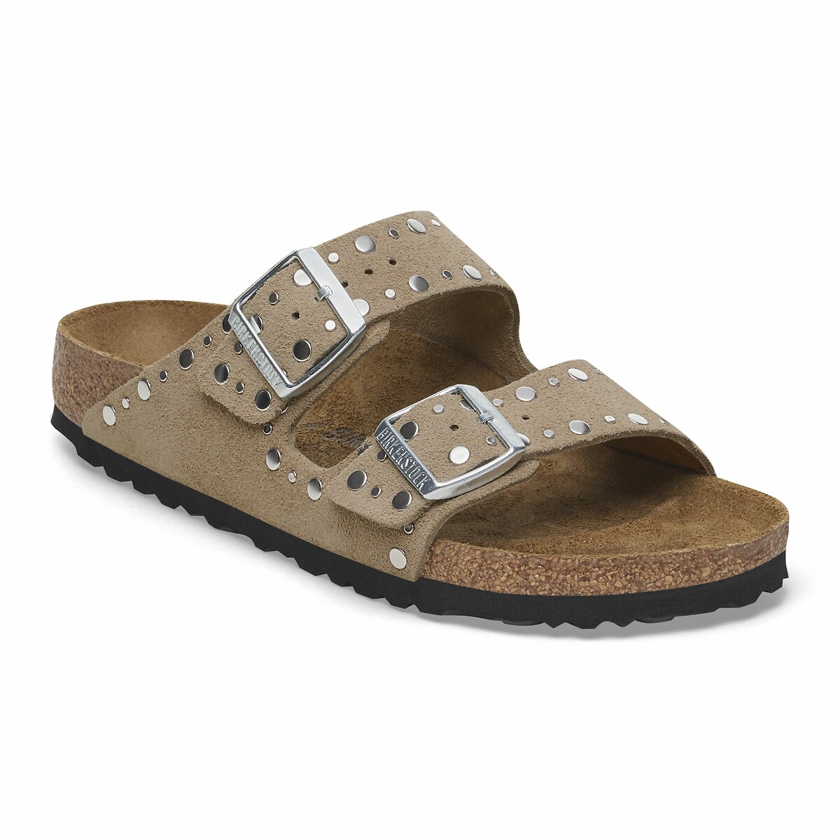 Mules doubles brides en cuir suédé Arizona Rivet taupe, BIRKENSTOCK