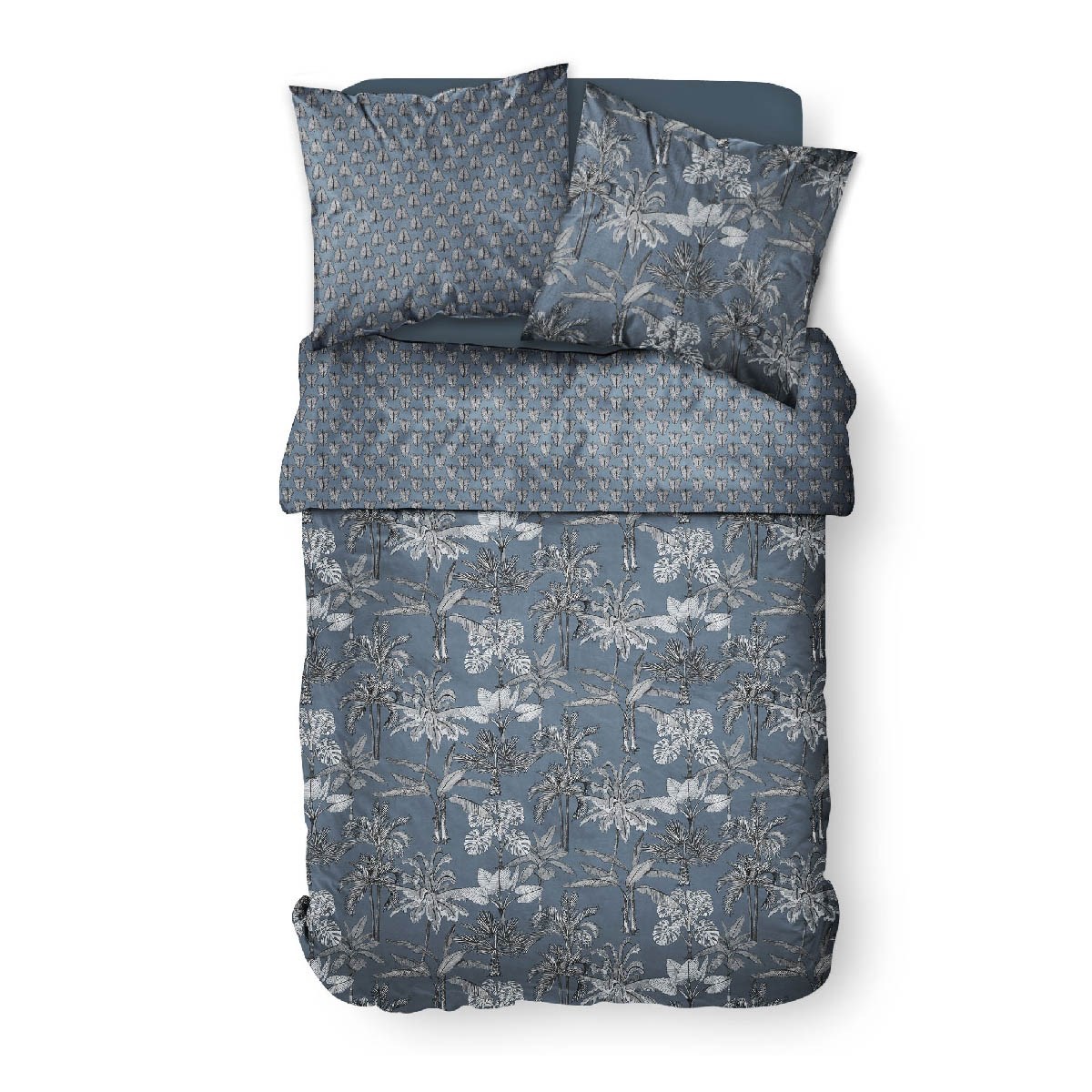 Parure de lit coton 2 personnes imprimé jungle SUNSHINE bleu, TODAY