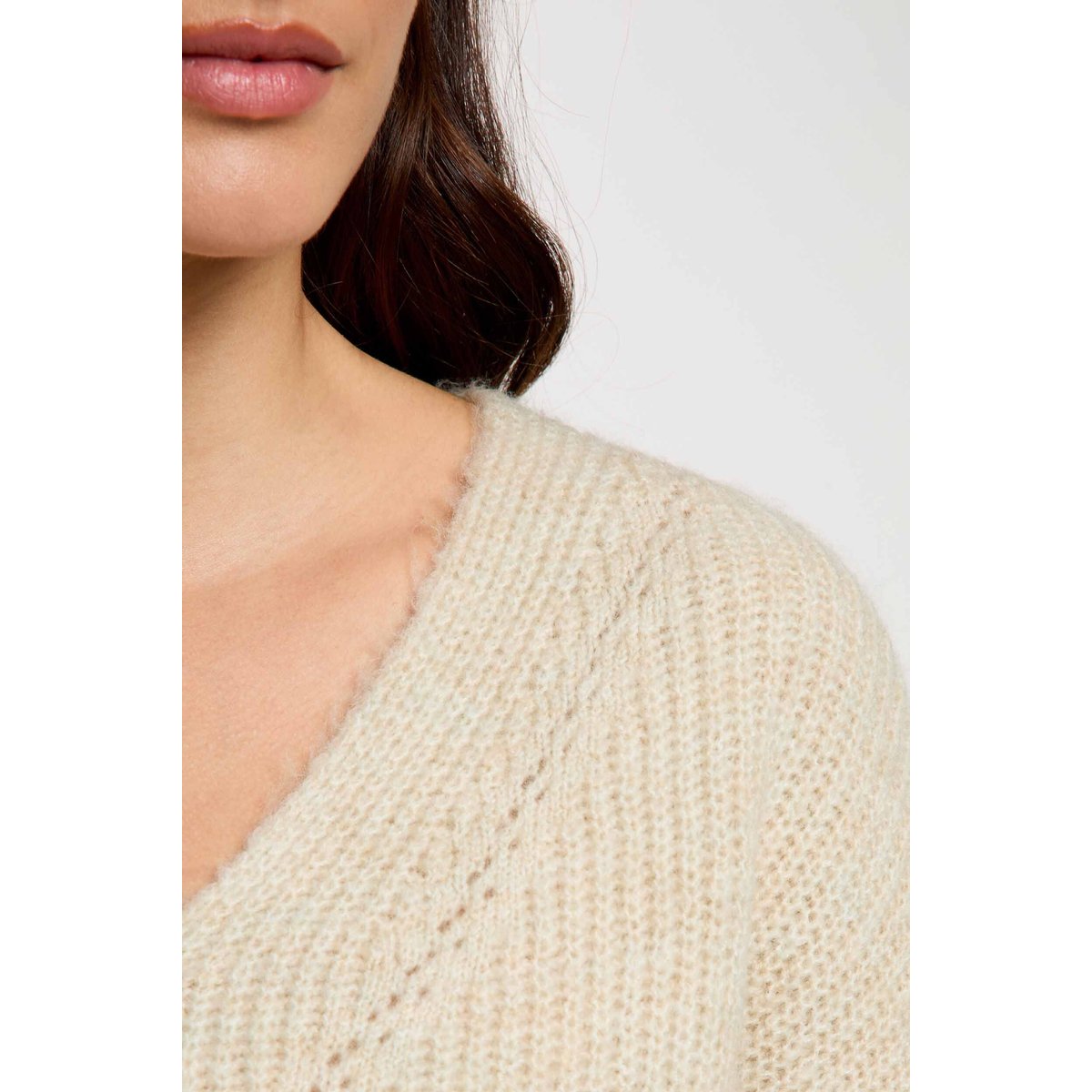 Pull col v manches longues beige, MORGAN