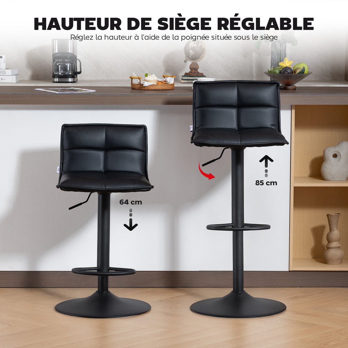 Tabouret de bar PU Noir noir, HOMCOM