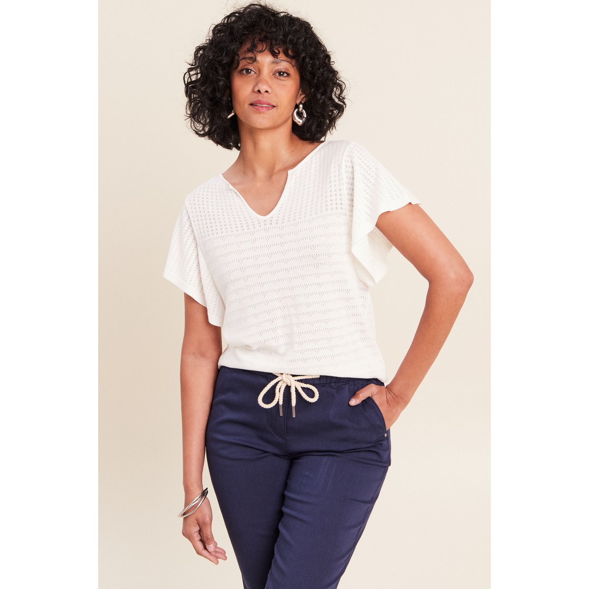 Pull col tunisien manches courtes ecru, BREAL