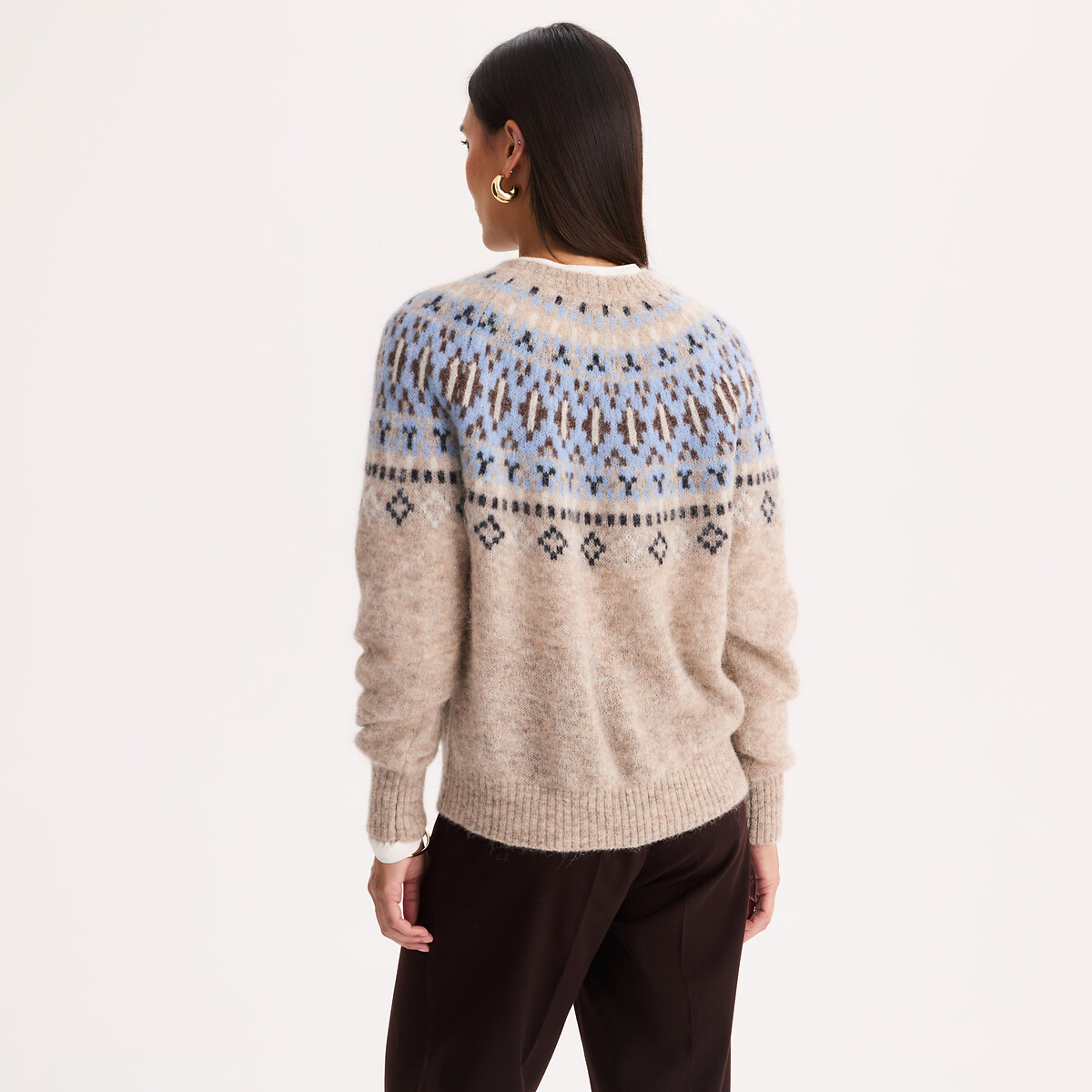 Pull jacquard à col rond, en alpaga mélangé jacquard fond écru, ANNE WEYBURN