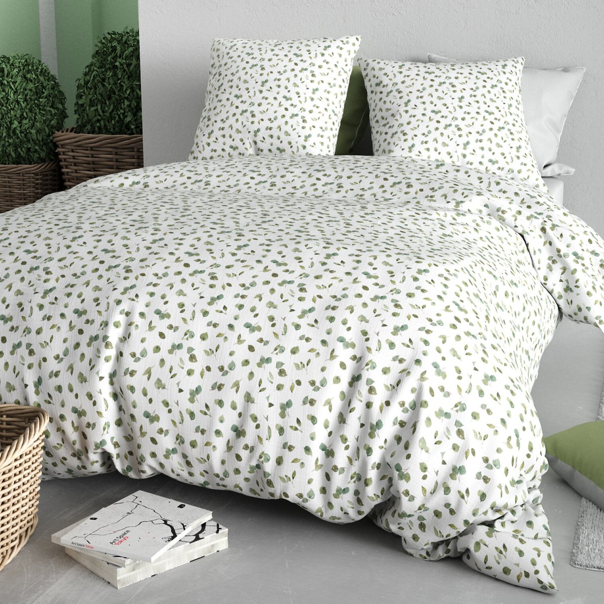 Paure coton imprimée couette et 2 taies, MERISE vert, ATELIER DU COTON