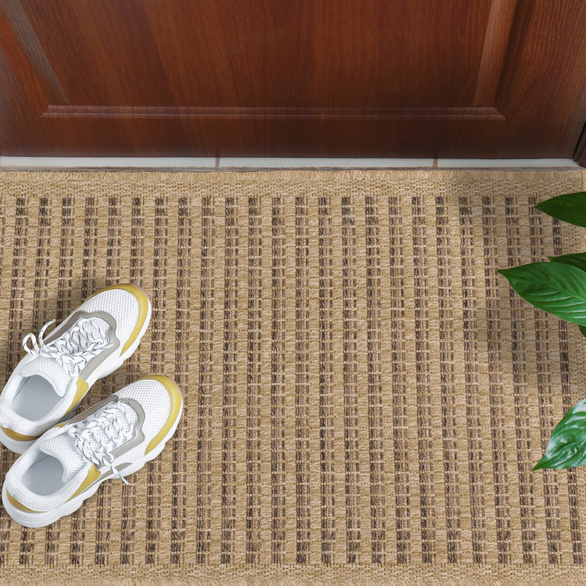 Tapis intérieur extérieur rond aspect jute motifs lignes NATURE marron, NAZAR RUGS